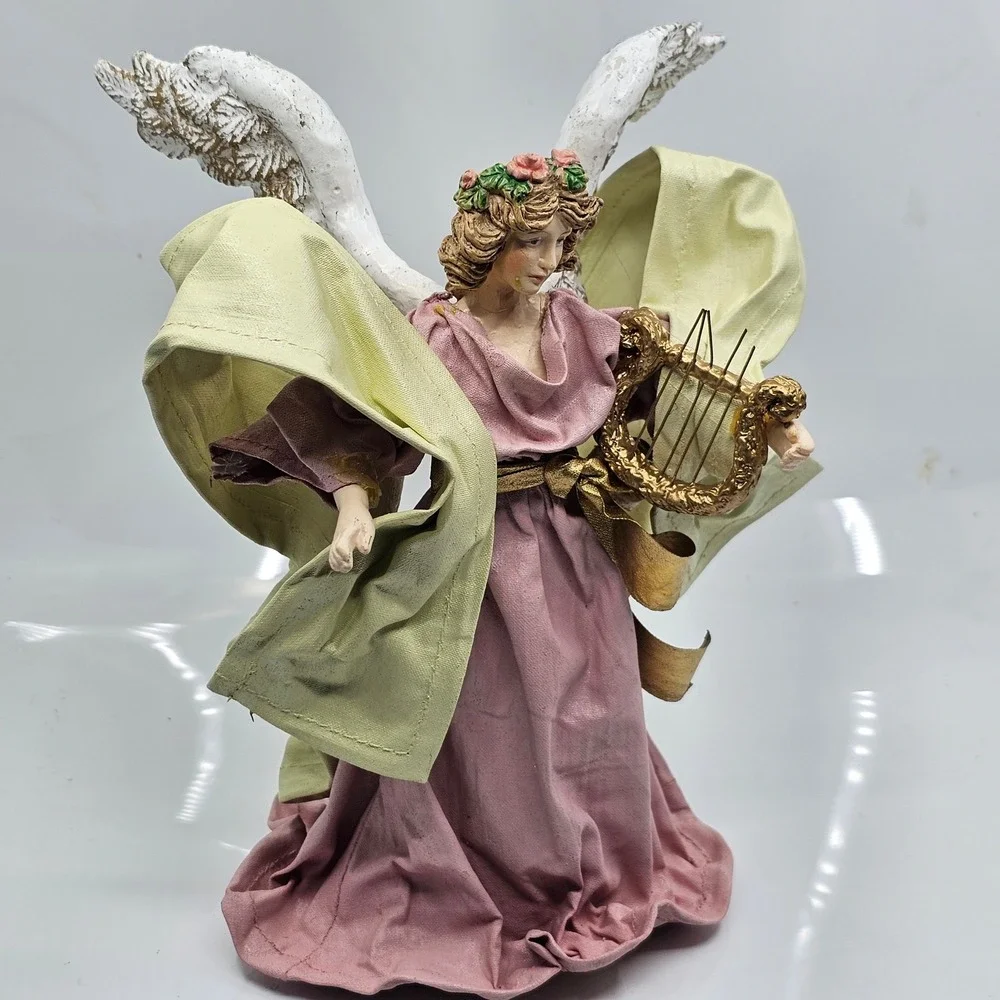 Vtg Angel Christmas Tree‎ Topper Figurine Pink Gown Gold Harp Resin Fabric 10